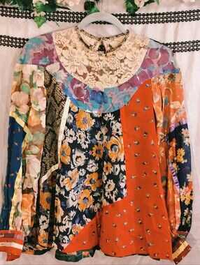 Vintage Hand Sewn Patchwork Blouse Eclectic Mix Floral Pattern Chiffon Lace S/M